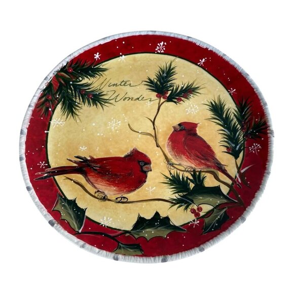 Pier 1 Holly Birds Earthenware 11.5" Dinner Plate Cardinals Christmas Winter - Picture 2 of 5